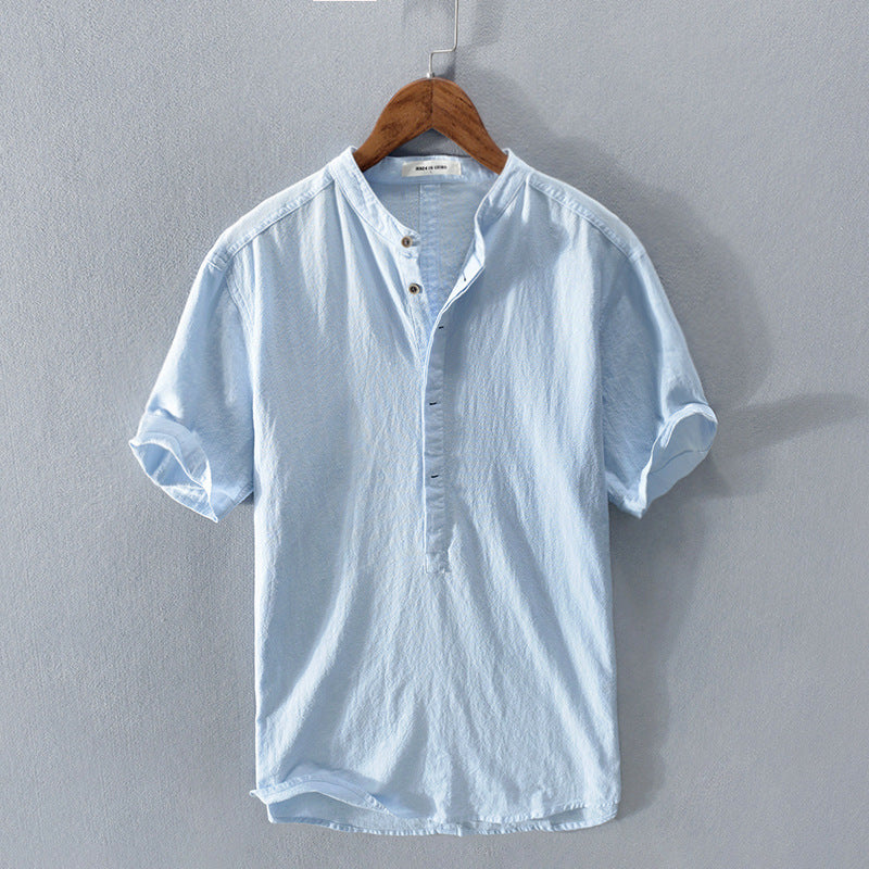 Men's Short Sleeve Shirt with Mandarin Collar and Half Placket