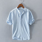 Men's Short Sleeve Shirt with Mandarin Collar and Half Placket