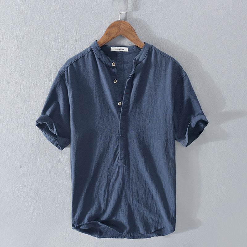 Men's Short Sleeve Shirt with Mandarin Collar and Half Placket