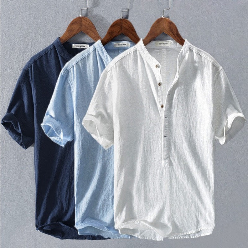 Men's Short Sleeve Shirt with Mandarin Collar and Half Placket