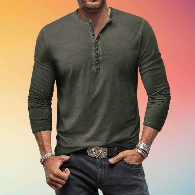Men's Henley Shirt Long Sleeve Slim Fit Button Placket