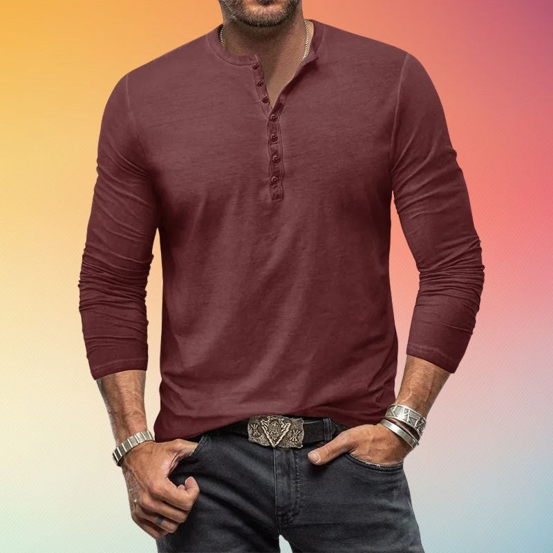 Men's Henley Shirt Long Sleeve Slim Fit Button Placket
