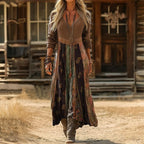 Leonie | Damen Vintage Boho Long Sleeve Dress V-Ausschnitt Midi Kleid 0