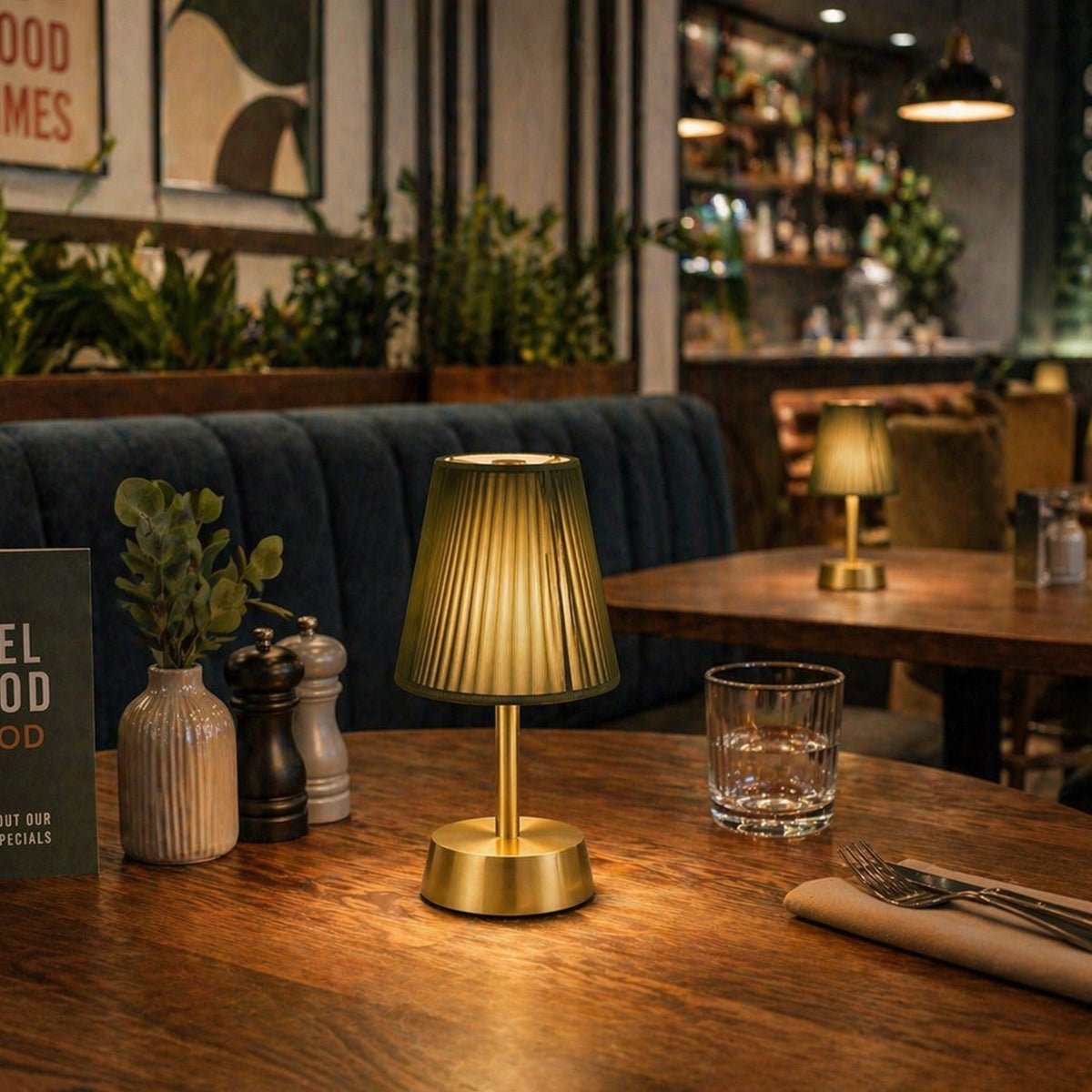 Liberty Rechargeable Cordless Table Lamp - Brass - Moss Green Shade [C]