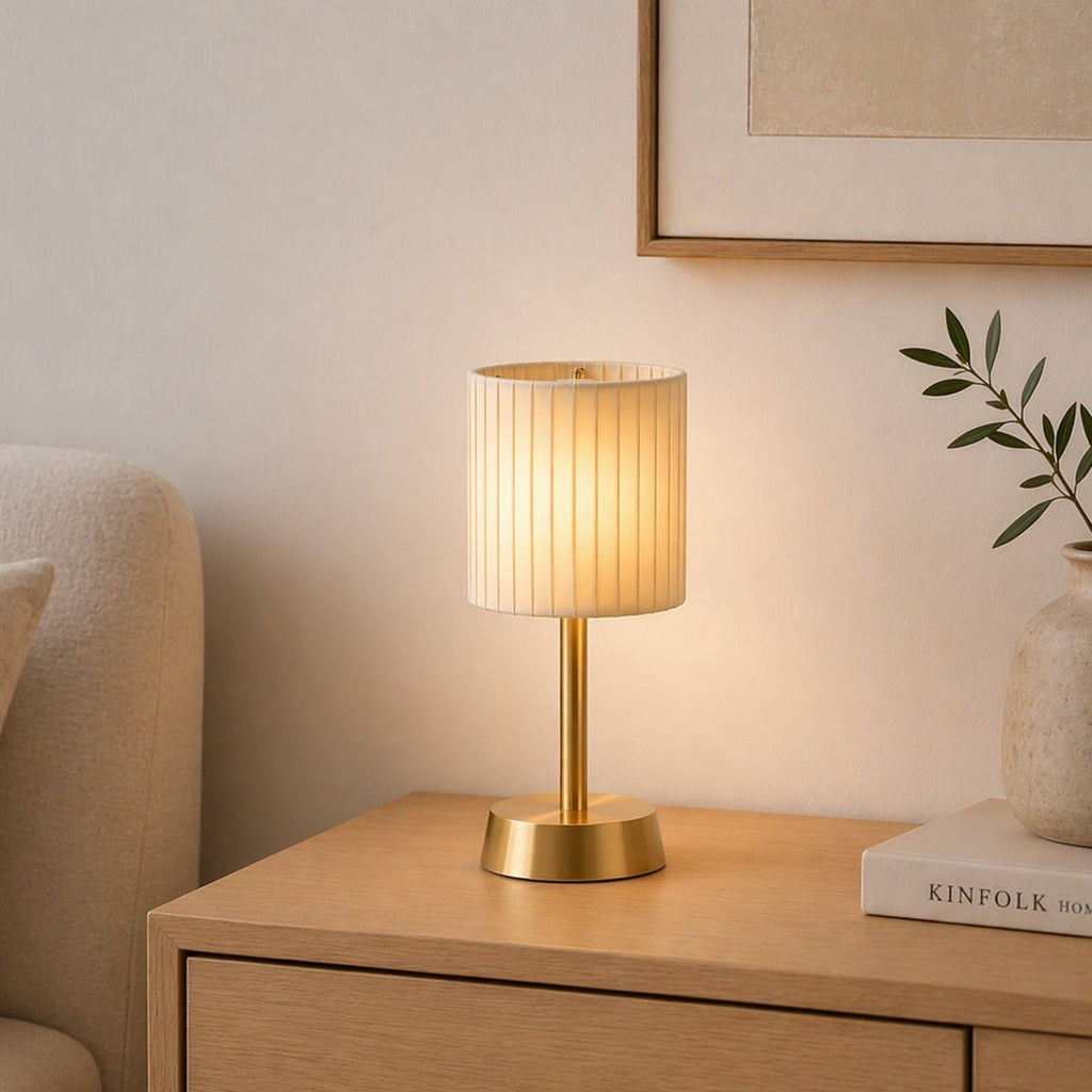 Liberty Rechargeable Cordless Table Lamp - Brass - Ivory Pleated Shade [A]