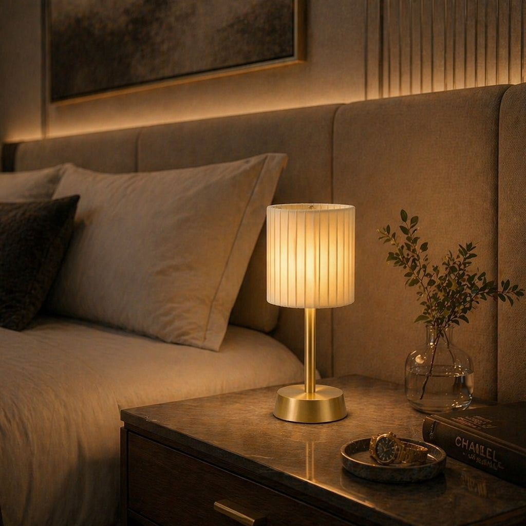 Liberty Rechargeable Cordless Table Lamp - Brass - Ivory Pleated Shade [A]
