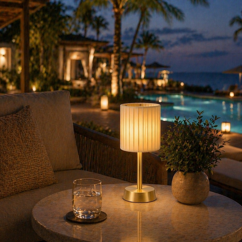 Liberty Rechargeable Cordless Table Lamp - Brass - Ivory Pleated Shade [A]