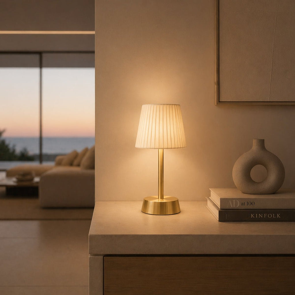 Liberty Rechargeable Cordless Table Lamp - Brass - Ivory Pleated Shade [D]