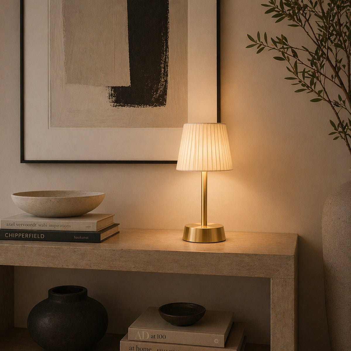 Liberty Rechargeable Cordless Table Lamp - Brass - Ivory Pleated Shade [D]