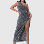 Women's One-Shoulder Sequin Evening Dress with Thigh Slit