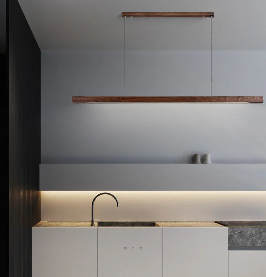 Wooden LED Pendant Light, Linear Bar Shade