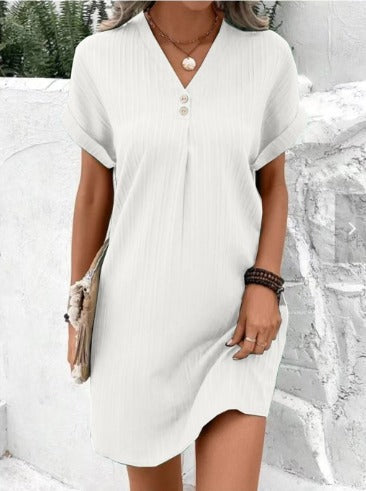 Women's V-Neck Dress with Button Detail and Short Sleeves