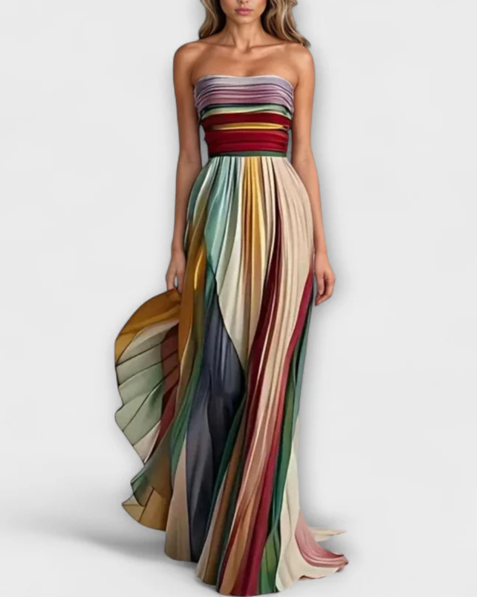 Women's Strapless Maxi Dress Pleated Multicolor Evening Gown