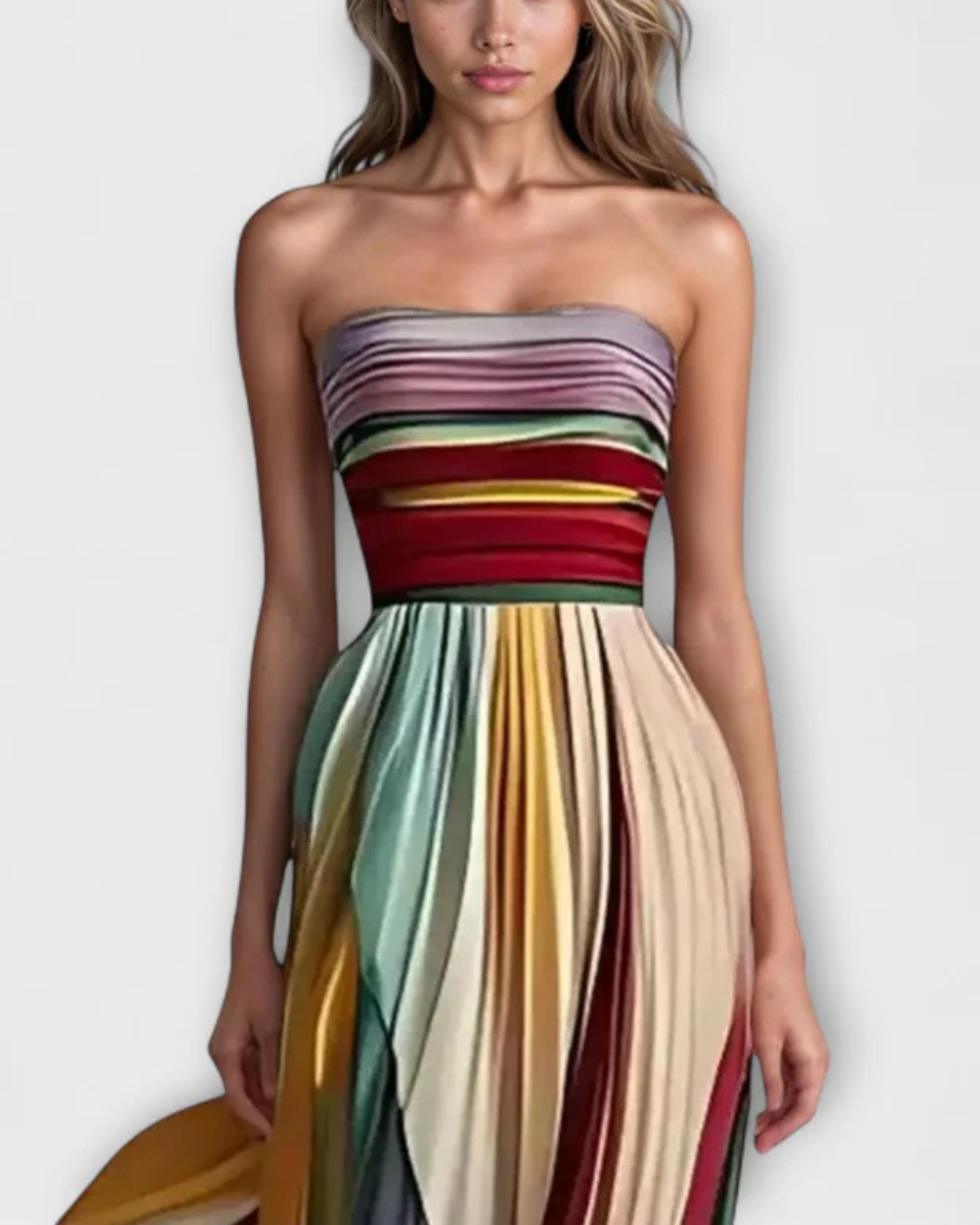 Women's Strapless Maxi Dress Pleated Multicolor Evening Gown
