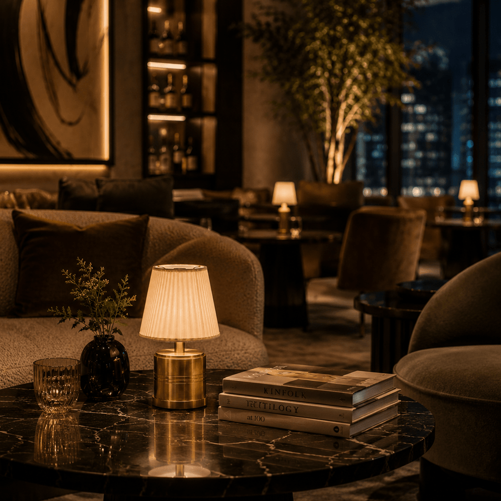 Luxe Rechargeable Cordless Table Lamp - Brass - Ivory Cotton Shade [C]