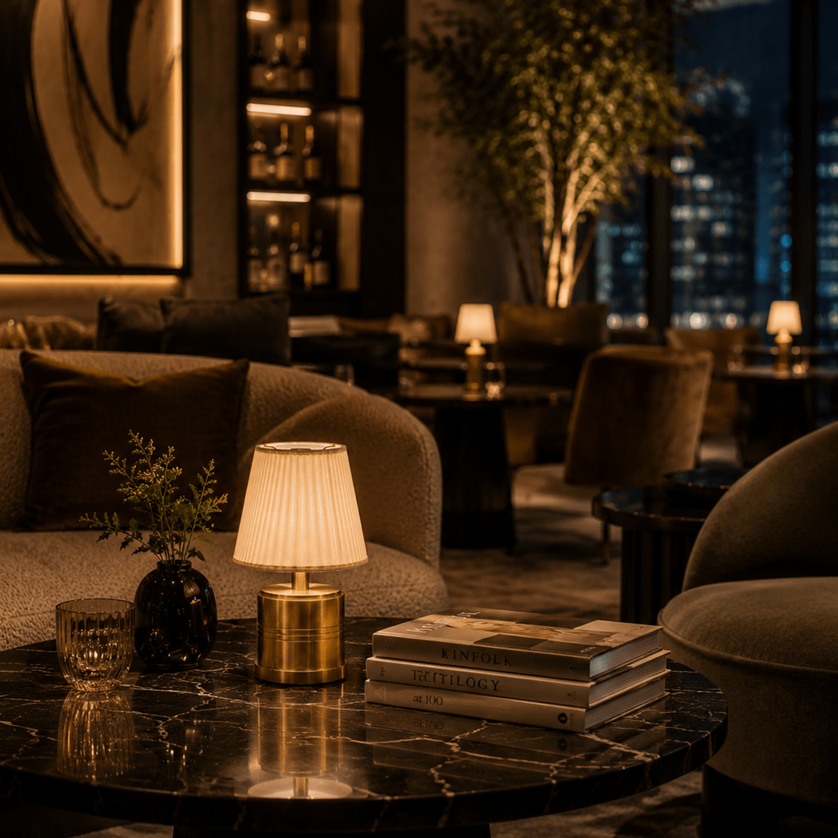 Luxe Rechargeable Cordless Table Lamp - Brass - Ivory Cotton Shade [C]