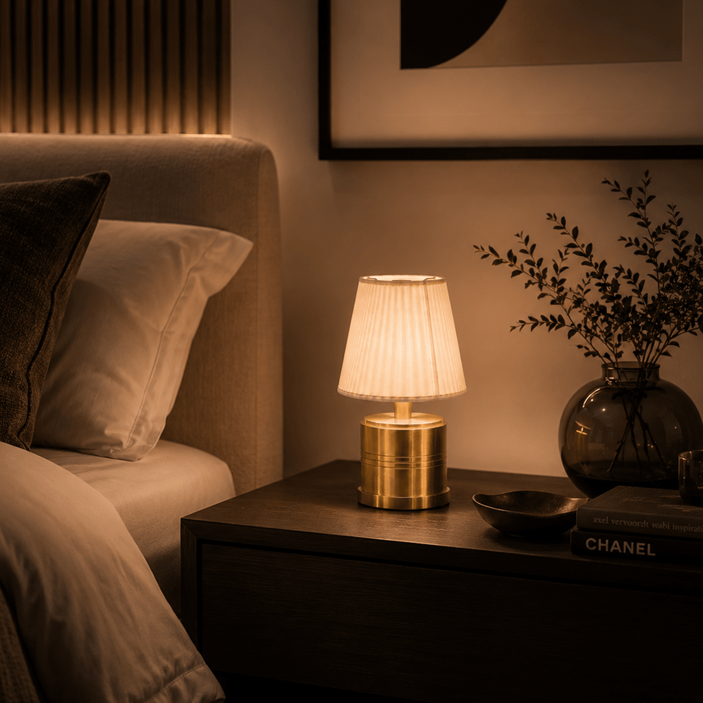 Luxe Rechargeable Cordless Table Lamp - Brass - Ivory Cotton Shade [C]