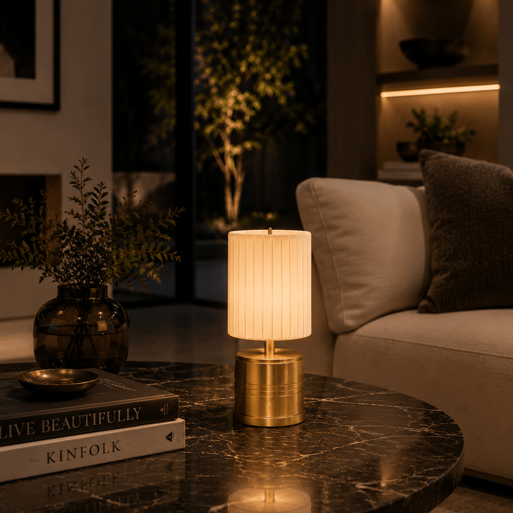 Luxe Rechargeable Cordless Table Lamp - Brass - Ivory Pleated Shade [A]