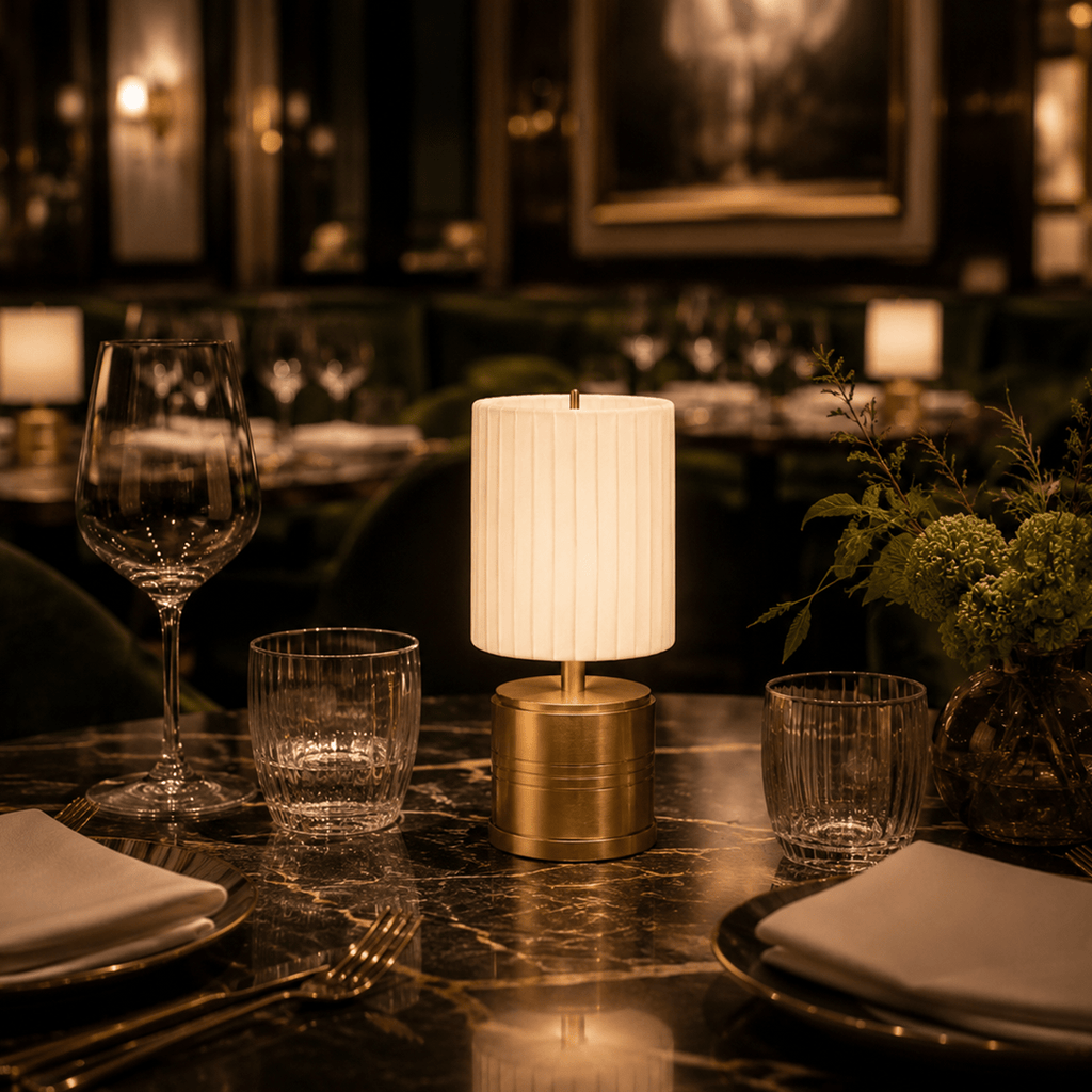 Luxe Rechargeable Cordless Table Lamp - Brass - Ivory Pleated Shade [A]