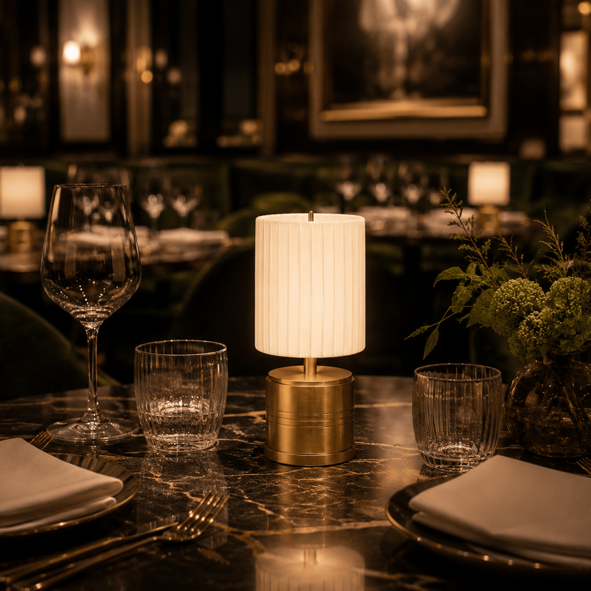 Luxe Rechargeable Cordless Table Lamp - Brass - Ivory Pleated Shade [A]