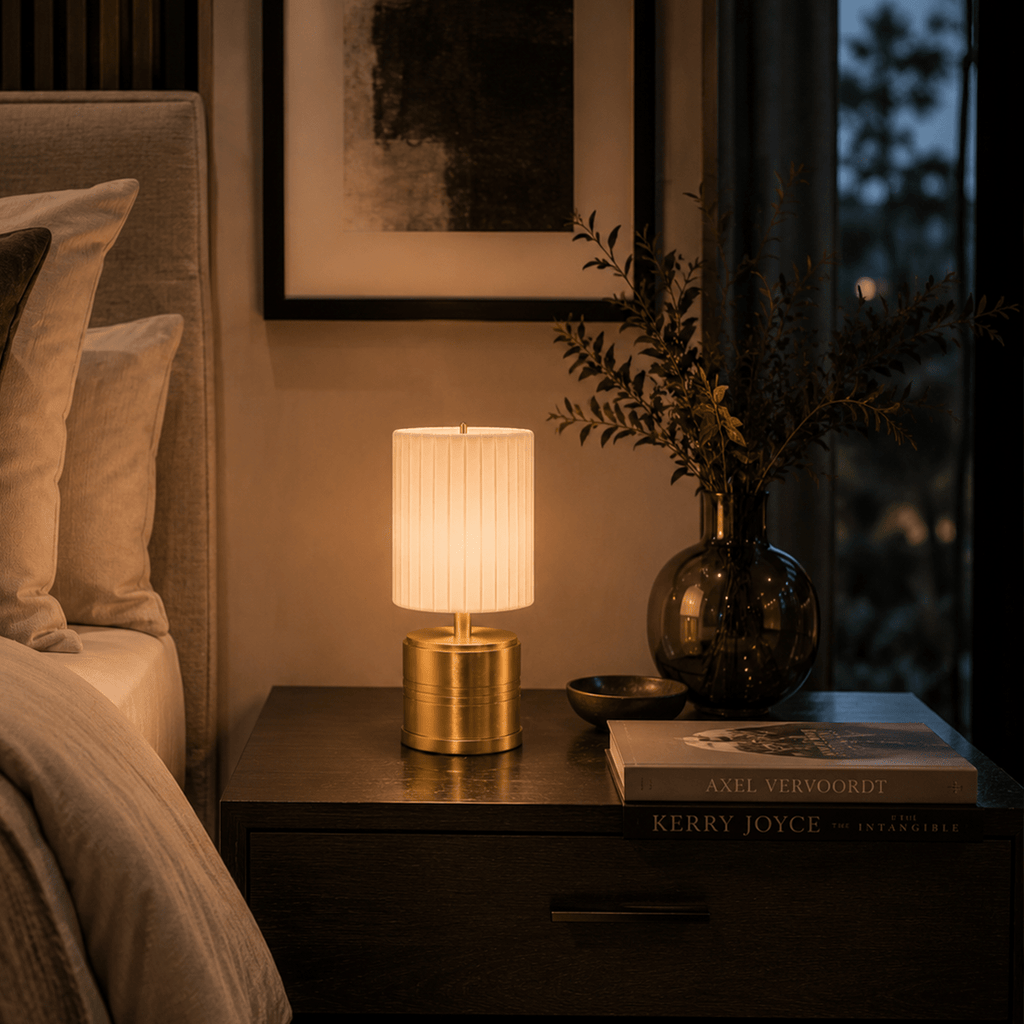 Luxe Rechargeable Cordless Table Lamp - Brass - Ivory Pleated Shade [A]