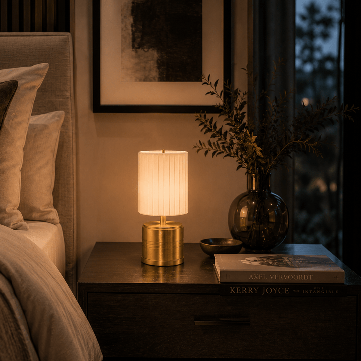 Luxe Rechargeable Cordless Table Lamp - Brass - Ivory Pleated Shade [A]
