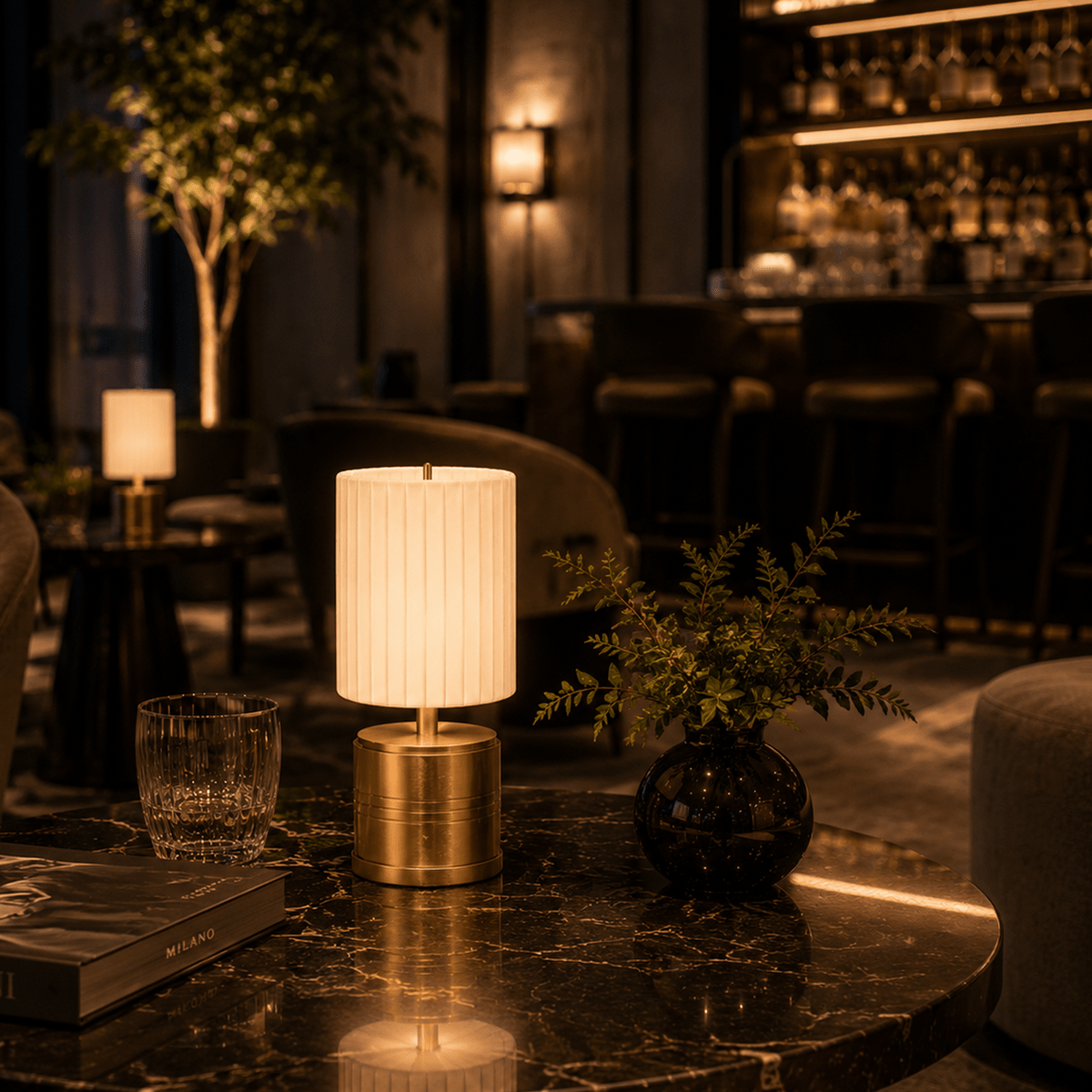 Luxe Rechargeable Cordless Table Lamp - Brass - Ivory Pleated Shade [A]