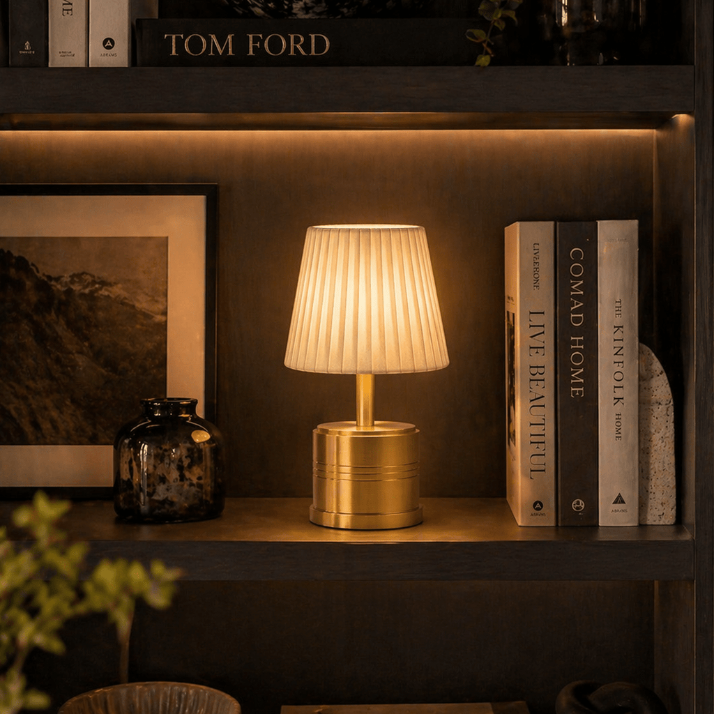 Luxe Rechargeable Cordless Table Lamp - Brass - Ivory Pleated Shade [D]