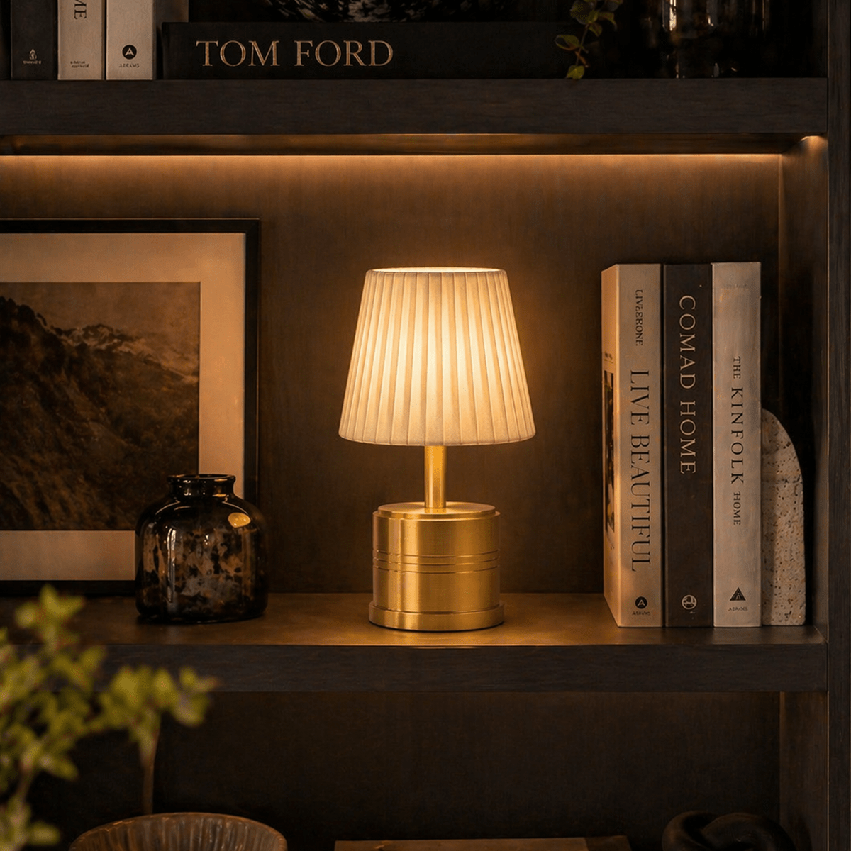 Luxe Rechargeable Cordless Table Lamp - Brass - Ivory Pleated Shade [D]