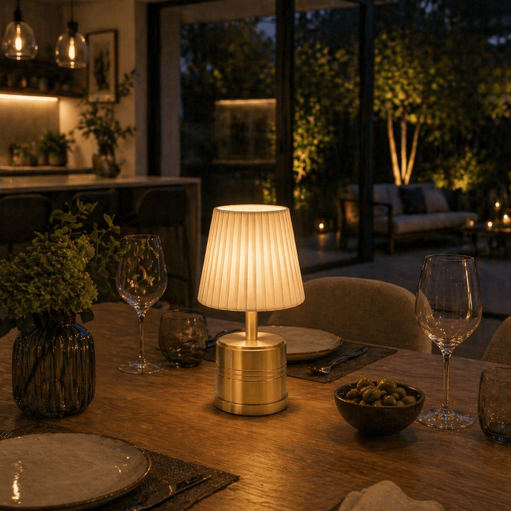 Luxe Rechargeable Cordless Table Lamp - Brass - Ivory Pleated Shade [D]