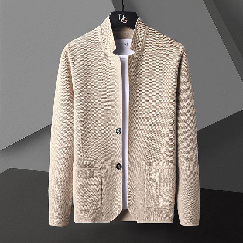 Men's Knit Cardigan with Stand Collar and Button Closure