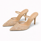 Women's Embroidered Mesh Mule Heels with Floral Detail and Pointed Toe