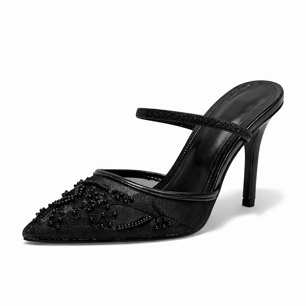 Women's Embroidered Mesh Mule Heels with Floral Detail and Pointed Toe