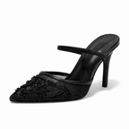 Women's Embroidered Mesh Mule Heels with Floral Detail and Pointed Toe