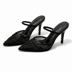 Women's Embroidered Mesh Mule Heels with Floral Detail and Pointed Toe