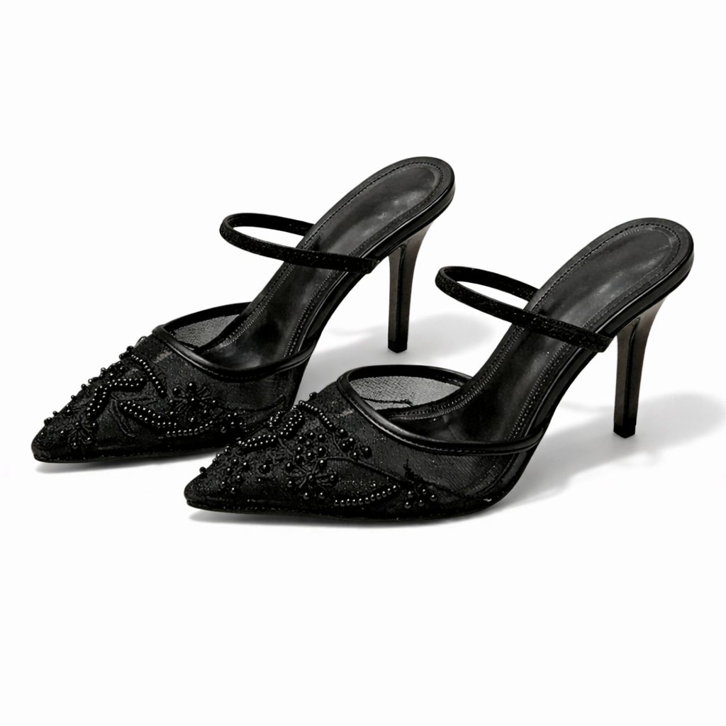 Women's Embroidered Mesh Mule Heels with Floral Detail and Pointed Toe