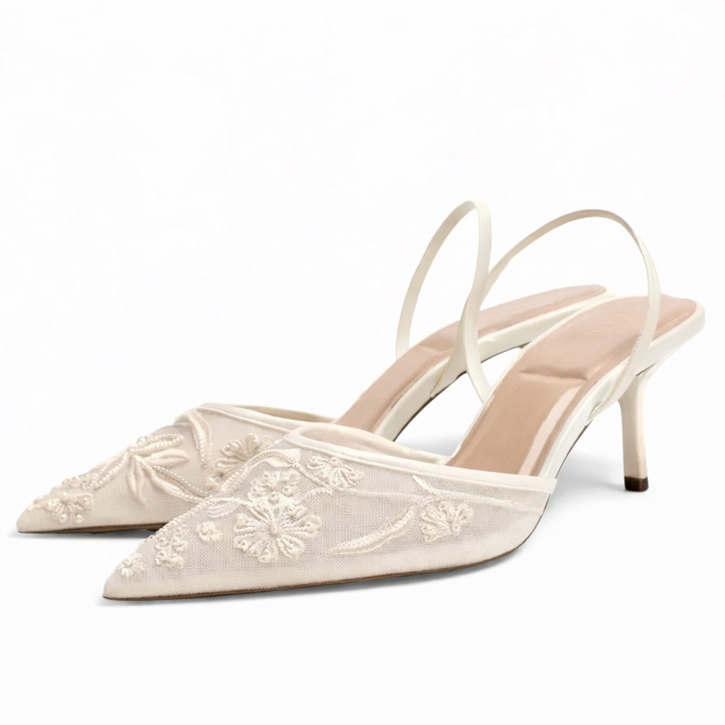 Women's Embroidered Mesh Mule Heels with Floral Detail and Pointed Toe