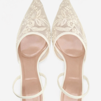Women's Embroidered Mesh Mule Heels with Floral Detail and Pointed Toe