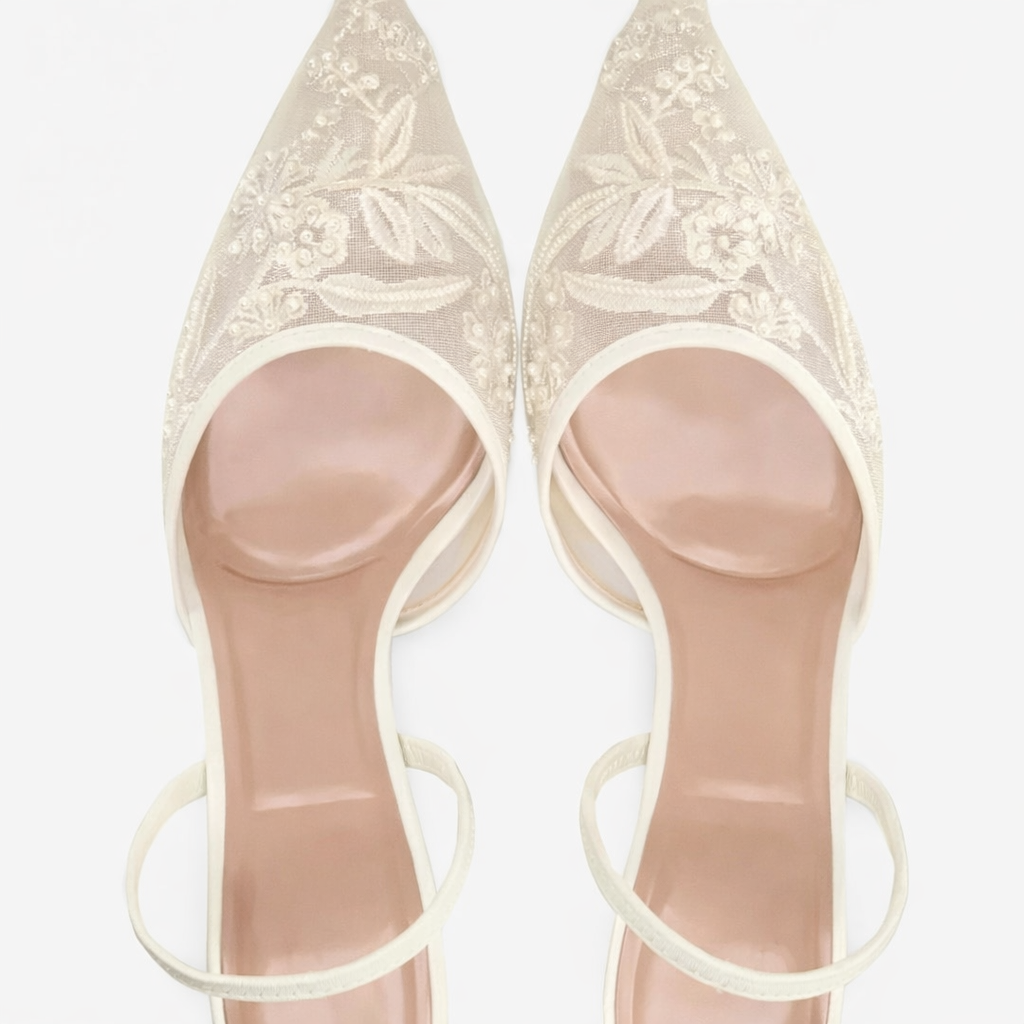 Women's Embroidered Mesh Mule Heels with Floral Detail and Pointed Toe