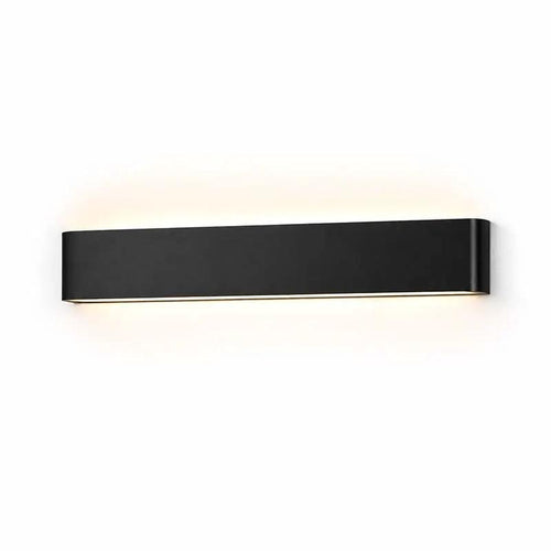 Minimalist LED Wall Light mounted on a white wall; black wall lamp emitting upward and downward light.