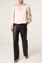 Women's Satin Puffball Sleeve Blouse in Champagne