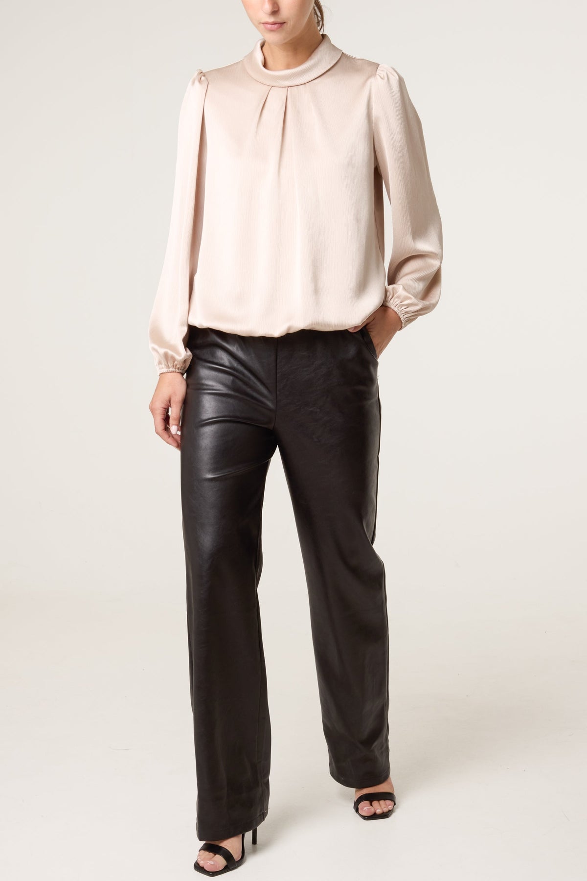 Women's Satin Puffball Sleeve Blouse in Champagne