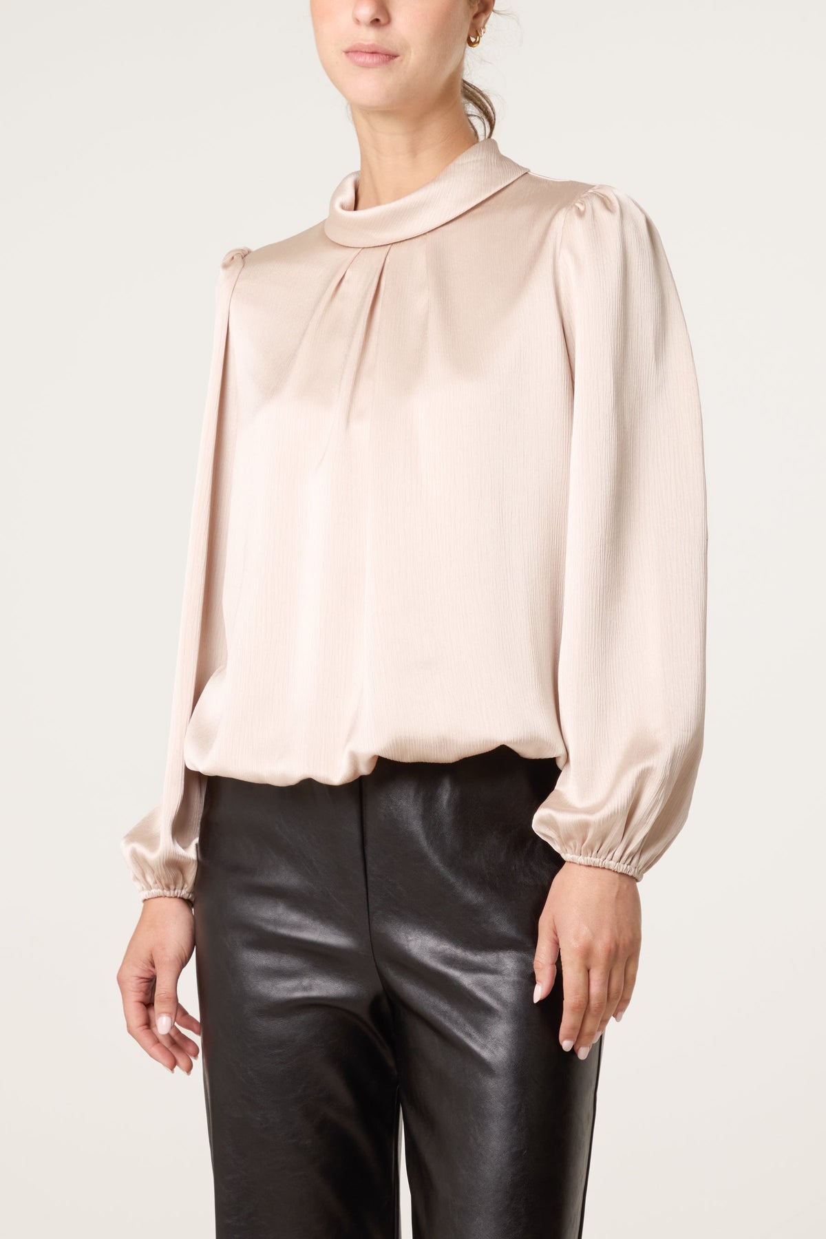 Women's Satin Puffball Sleeve Blouse in Champagne