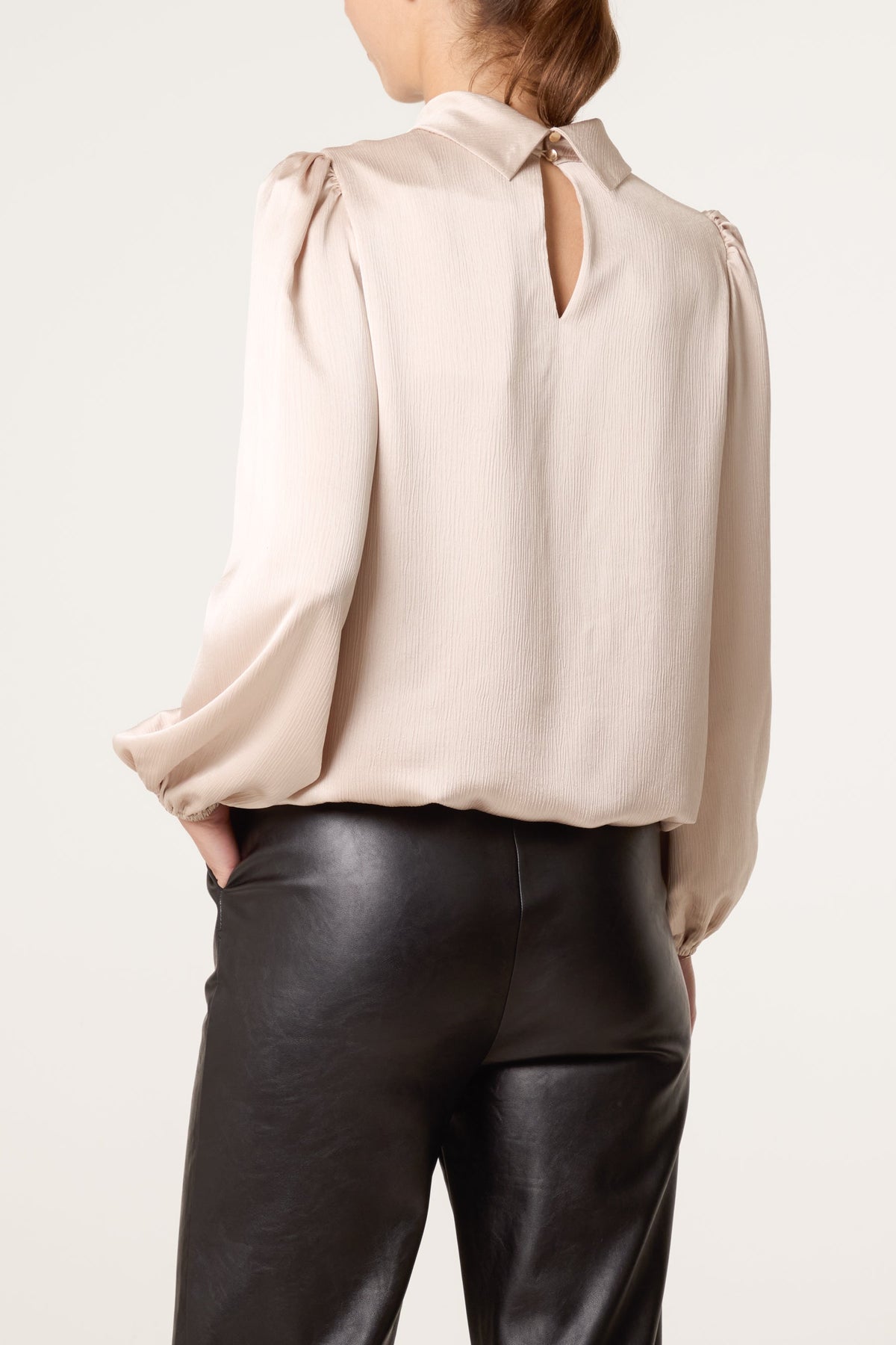Women's Satin Puffball Sleeve Blouse in Champagne