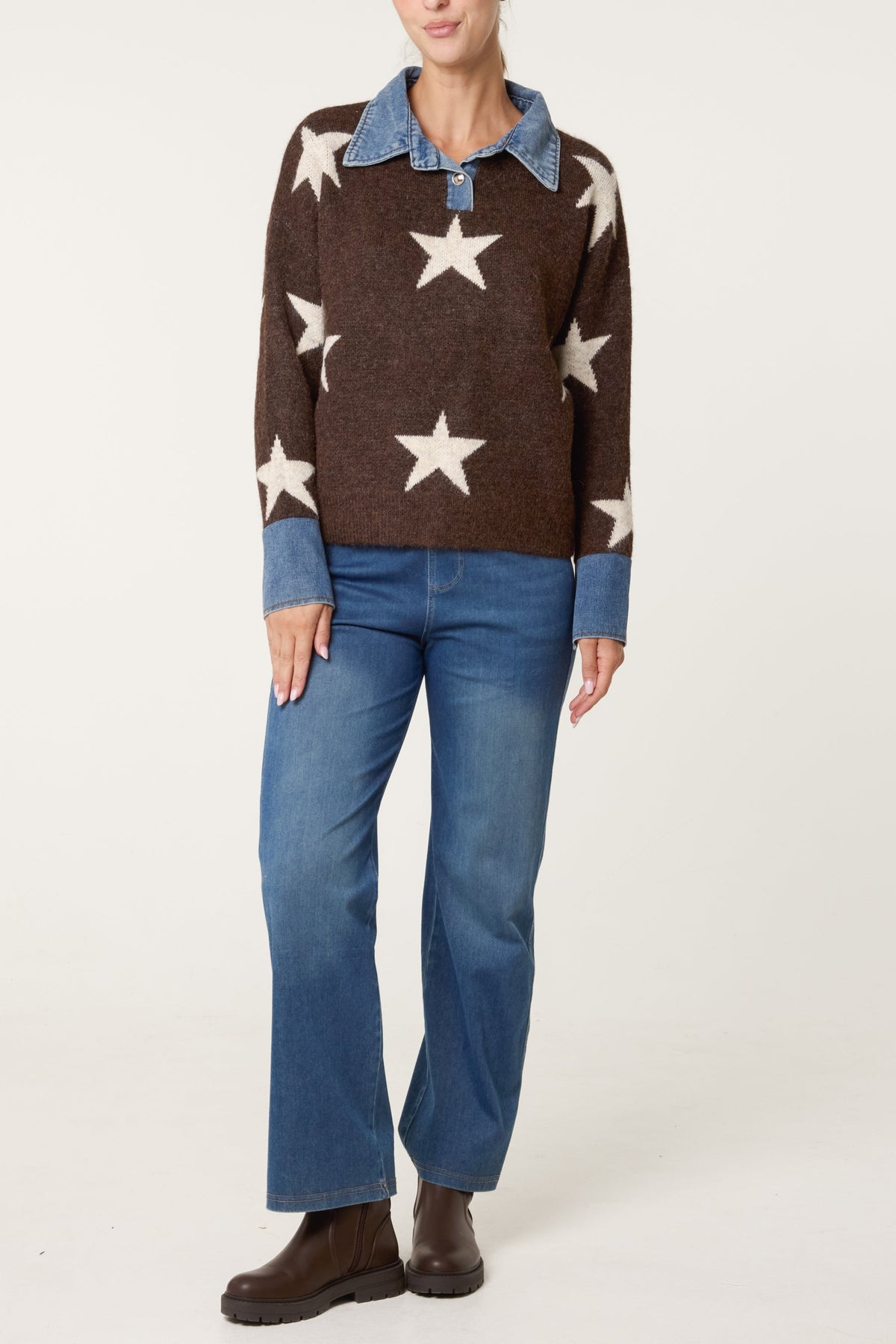 Women's Denim Collar Star Knit Jumper - Chocolate & Stone