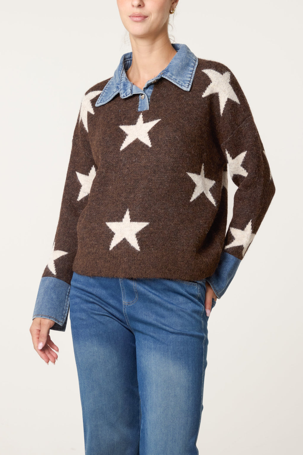 Women's Denim Collar Star Knit Jumper - Chocolate & Stone