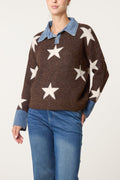 Women's Denim Collar Star Knit Jumper - Chocolate & Stone