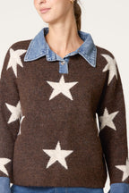 Women's Denim Collar Star Knit Jumper - Chocolate & Stone