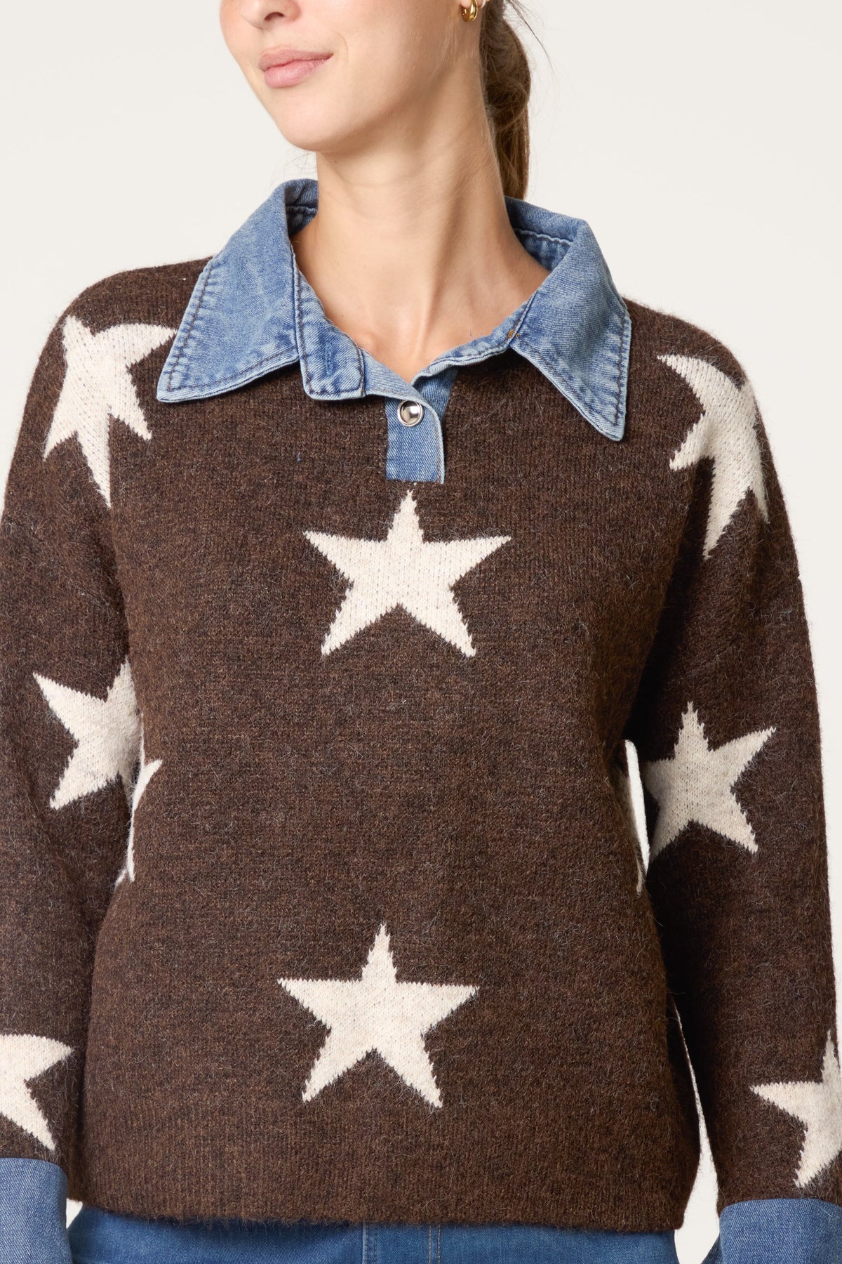 Women's Denim Collar Star Knit Jumper - Chocolate & Stone