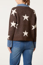 Women's Denim Collar Star Knit Jumper - Chocolate & Stone